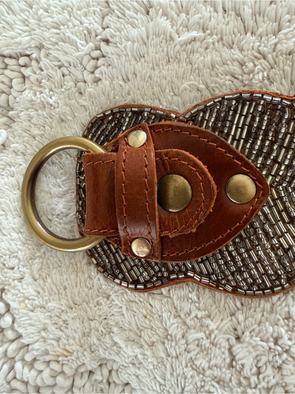 Anthropologie Scalloped Brown Leather Beaded Waist Belt with Brass Ring size M - Picture 4 of 8